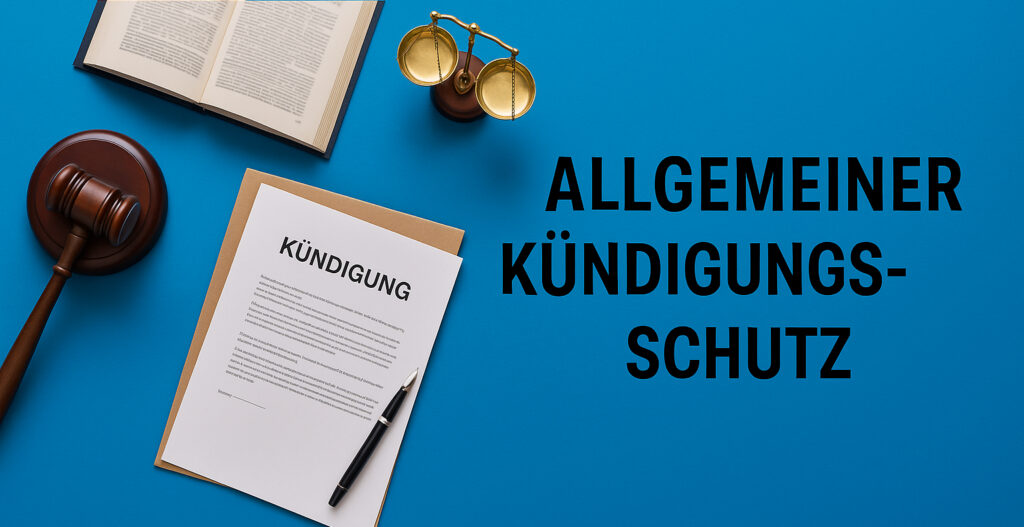 Symbolbild zum allgemeinen Kündigungsschutz nach § 105 ArbVG in Österreich: Gesetzbuch mit Paragraphenzeichen, Richterhammer und Kündigungsschreiben mit rotem Verbotssymbol – Darstellung rechtlicher Schutzmaßnahmen für Arbeitnehmer:innen gegen unrechtmäßige Kündigungen