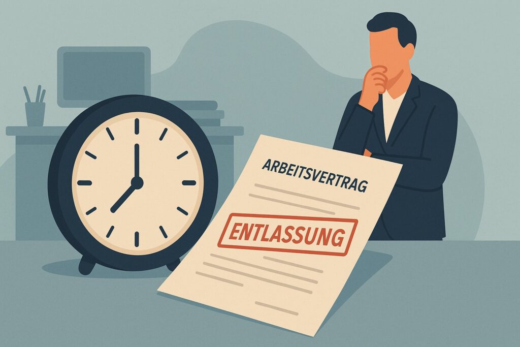 Illustration eines Arbeitsplatzes mit einem großen Wecker, einem Arbeitsvertrag mit dem roten Stempel "ENTLASSUNG" und einer nachdenklichen Person im Hintergrund – symbolisiert die Dringlichkeit und rechtliche Bedeutung einer fristlosen Entlassung im Arbeitsrecht.