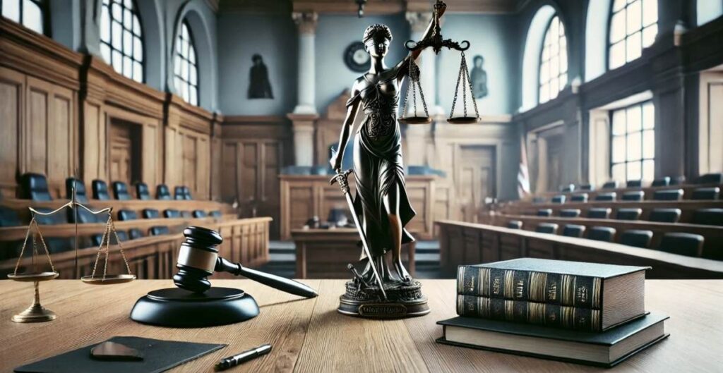 Kündigung, Silhouette einer Justitia mit Schwert und Richterhammer auf leerem Tisch vor unscharfem österreichischem Gerichtssaal