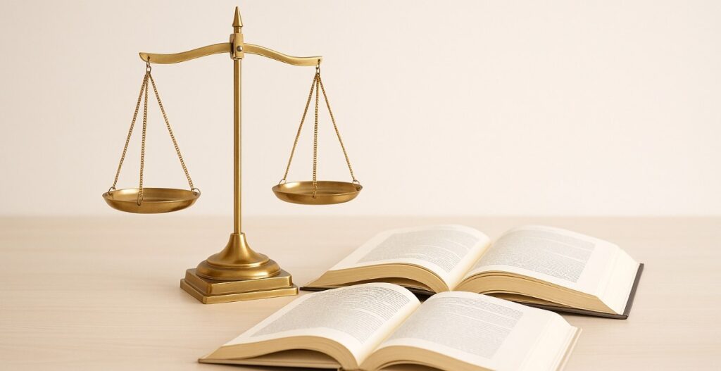Goldene Waage der Justiz und aufgeschlagene Gesetzbücher auf hellem Holztisch, Symbol für Arbeitsrecht und juristische Beratung Kündigungsschutz