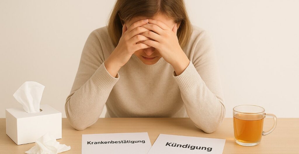 Frau stützt krank und verzweifelt den Kopf in die Hände am Tisch, vor ihr liegen eine Krankenbestätigung und eine Kündigung, daneben Taschentücher und eine Tasse Tee.