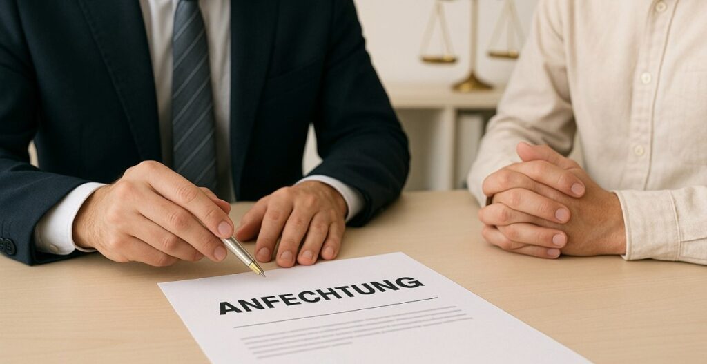 Zwei Personen sitzen an einem Besprechungstisch in einer Anwaltskanzlei, ein Anwalt zeigt mit einem Stift auf ein Dokument mit der Überschrift "ANFECHTUNG", das vor dem Mandanten liegt, es geht um Individualanfechtung und Kündigungsschutz.