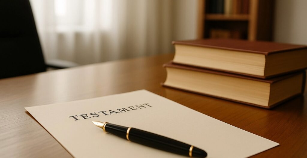 „Testament mit Füllfeder und juristischen Büchern auf einem Schreibtisch in heller Anwaltskanzlei zum Thema Erbunwürdigkeit