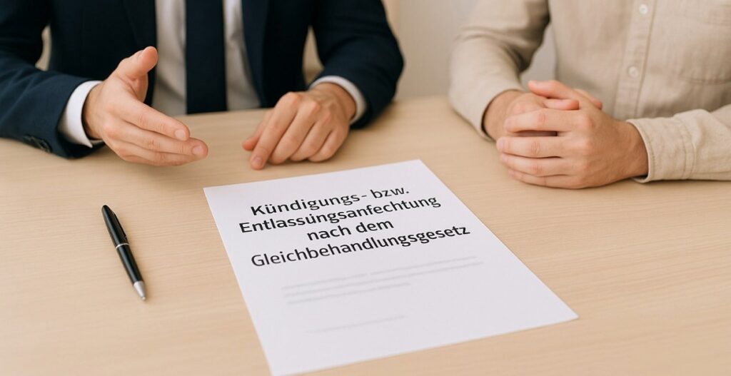 Anwalt und Mandant im Beratungsgespräch, Dokument zur Kündigungs- bzw. Entlassungsanfechtung nach dem Gleichbehandlungsgesetz auf dem Tisch.