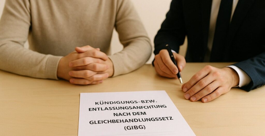 Zwei Personen, Anwalt und Mandant, sitzen an einem hellen Tisch mit einem Dokument zur Kündigungs- bzw. Entlassungsanfechtung nach dem Gleichbehandlungsgesetz (GlBG).