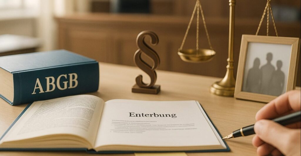 Fotografie eines österreichischen Anwaltsbüros: offenes ABGB mit „Enterbung“, goldene Waage, Paragraphenzeichen, Hand mit Füller und Familienfoto – Thema relative Erbunwürdigkeit (§ 541 ABGB).