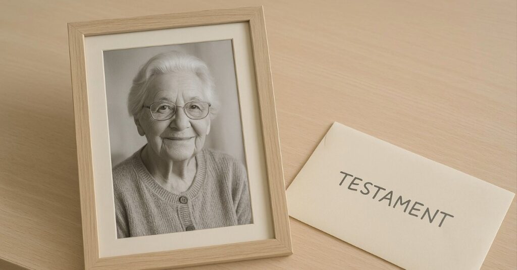 Ein gerahmtes schwarz-weiß Foto einer lächelnden Großmutter steht auf einem hellen Schreibtisch neben einem beigen Briefumschlag mit der Aufschrift „Testament“. Es geht auch um Erbunwürdigkeit.